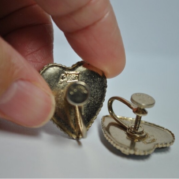 Signed Pegasus Coro Goldtone Heart Shaped Guilloche Earrings - Picture 5 of 5